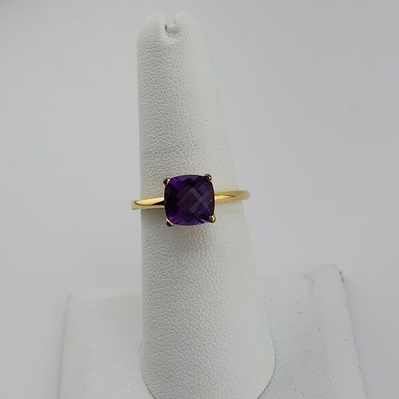Yellow Gold Plated Sterling Silver Square Created Amethyst Solitaire Ring 7 - Picture 1 of 9